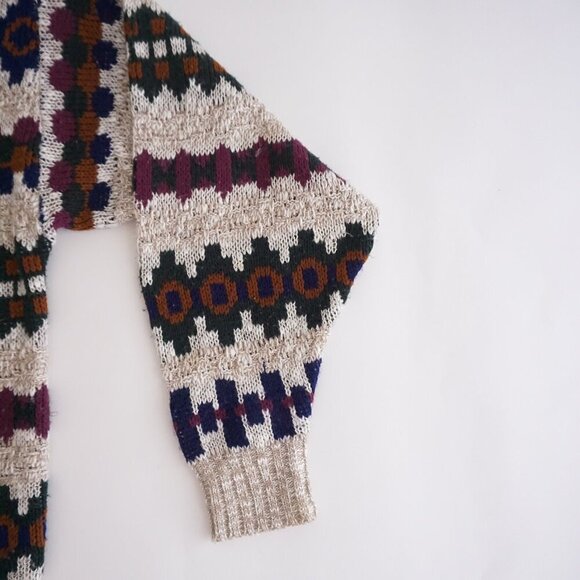 Vtg '80S Ash Creek Taupe Purple Cosby Biggie Eclectic Crewneck Knit Sweater XL - Picture 10 of 10